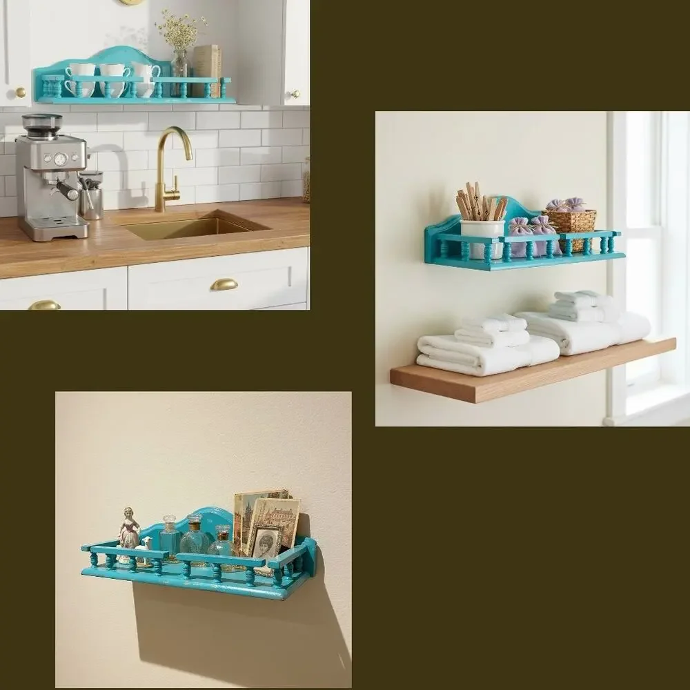 Vintage Teal Wood Wall Shelf-Cottage-Farmhouse Display-Bathroom-Kitchen-Coastal